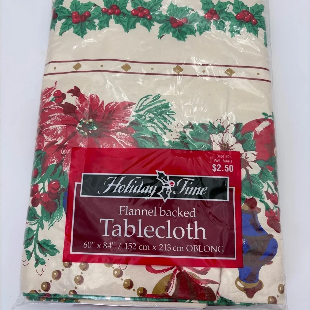 New Old Stock Vintage Holiday Time Poinsettia and Holly Flannel-Back Tablecloth